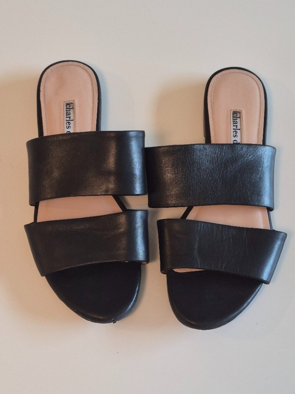 Charles David Women’s 8 Black Leather Double Band Slide Sandals Minimalist